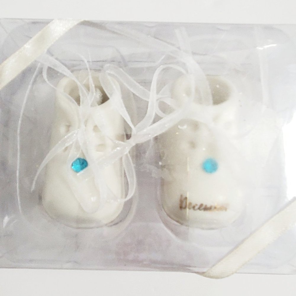 NEW Baby's First Christmas Ornament Ceramic Booties w/ December Birthstone Blue